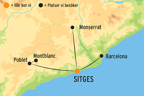 Geografisk karta över Sitges och Katalonien.